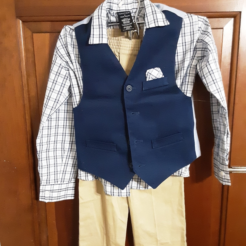 Boys Navy Blue Vest with Plaid Shirt and Tan Pants Set Size 6